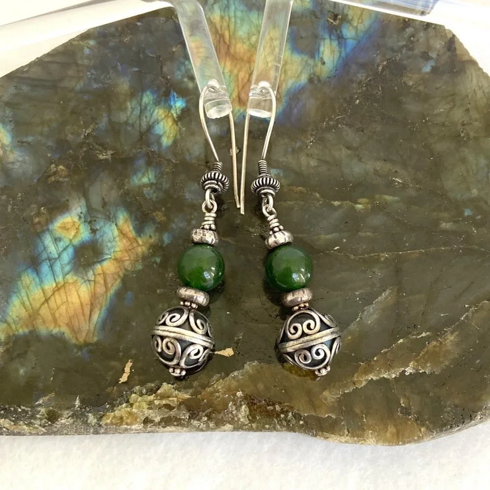 Sterling Silver 925 Round Beaded Nephrite Oxidized Scrollwork Dangle Earrings